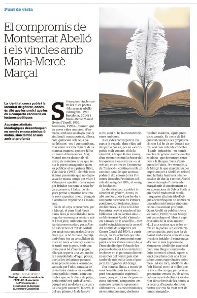 Article d’Agnés Toda i Bonet “El compromís de Montserrat Abelló i els vincles amb Maria-Mercè Marçal”